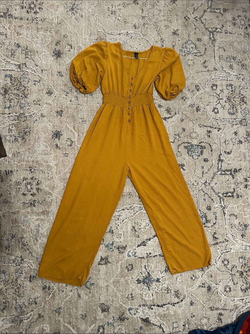Mustard Puff-Sleeve Wide Leg Jumpsuit with Button Front